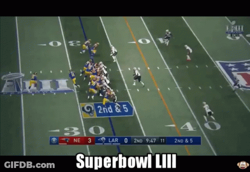 A Football Game Between The Rams And The Patriots With The Words Superbowl Liii GIF