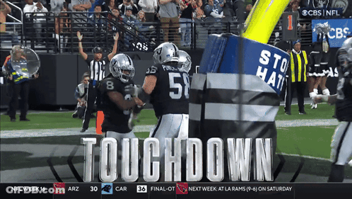 A Football Game Is Being Played And The Word Touchdown Is On The Screen GIF