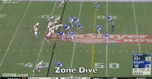 A Football Game Is Being Played In Front Of A Sign That Says Zone Dive GIF