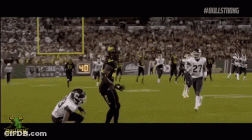 A Football Game Is Being Played On A Field With A Bullpen Logo In The Background . GIF
