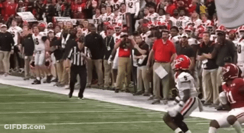 A Football Game Is Being Played On A Field With A Referee Standing On The Sidelines . GIF