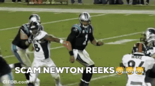 A Football Game Is Being Played With The Words Scam Newton Reeks Written On The Bottom GIF
