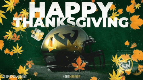 A Football Helmet Is Surrounded By Leaves And The Words Happy Thanksgiving Are Above It GIF
