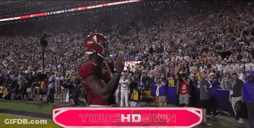 A Football Player Celebrates A Touchdown In Front Of A Large Crowd GIF