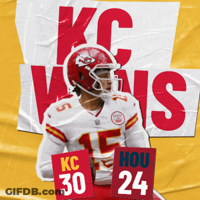 A Football Player From The Kansas City Chiefs Is Holding A Sign That Says Kc 30 Hou 24 GIF