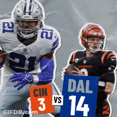 A Football Player Holding A Sign That Says Cin 3 Vs Dal 14 GIF
