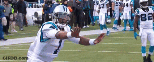 A Football Player In A Carolina Panthers Uniform Is Standing On A Field . GIF