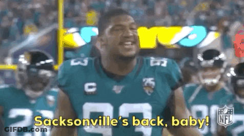 A Football Player In A Jaguars Jersey Says Sacksville 'S Back Baby . GIF