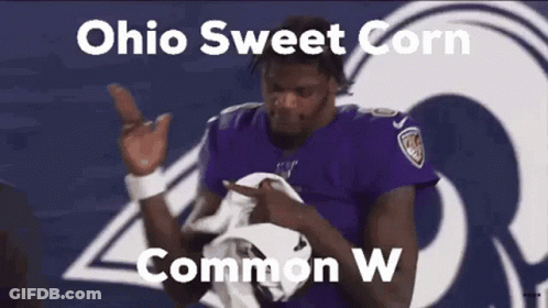 A Football Player In A Purple Jersey Is Pointing At Something . GIF