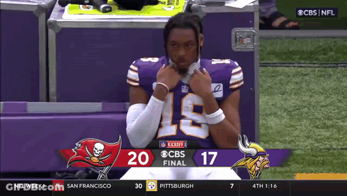 A Football Player In A Purple Jersey With The Number 19 On The Front GIF