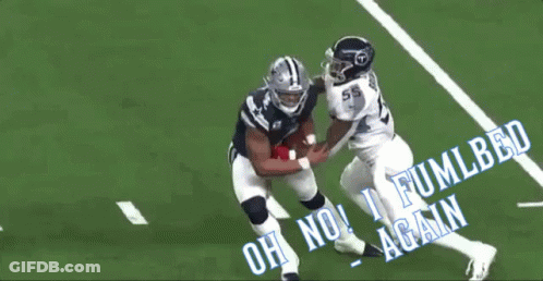 A Football Player Is Being Tackled By Another Player And The Words Oh No I Fumlbed Again Are Written On The Field GIF