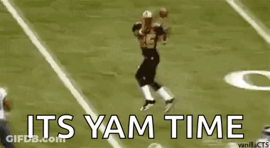 A Football Player Is Running Down The Field With The Words `` It 'S Yam Time '' Above Him . GIF