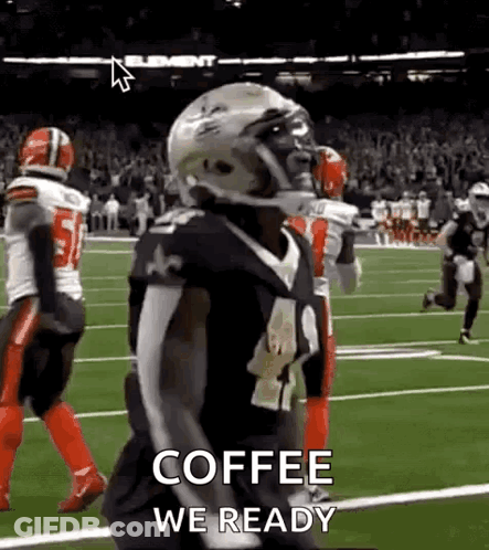 A Football Player Is Running On A Field With The Words `` Coffee We Ready '' Written On The Screen . GIF