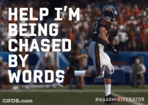 A Football Player Is Running On A Field With The Words Help I 'M Being Chased By Words . GIF