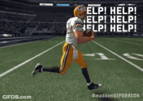 A Football Player Is Running On A Field With The Words Help Written On The Bottom GIF