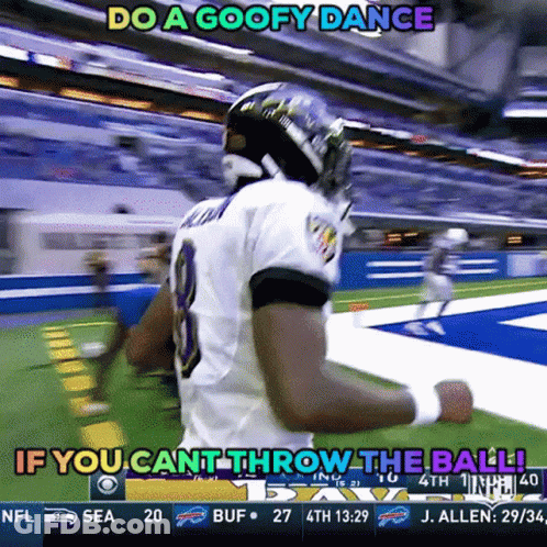 A Football Player Is Running On The Field With A Caption That Says Do A Goofy Dance GIF
