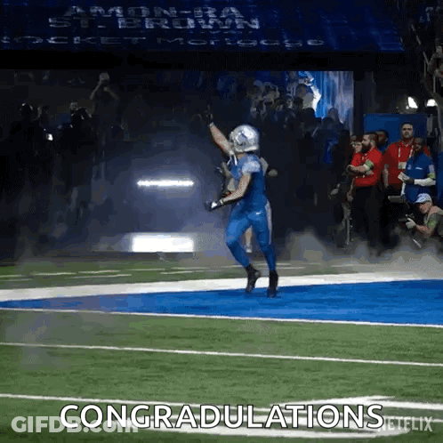 A Football Player Is Running On The Field With The Words Congratulations Netflix Written On The Bottom GIF