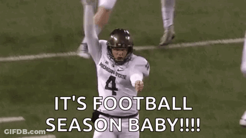 A Football Player Is Running On The Field With The Words `` It 'S Football Season Baby !!! '' GIF