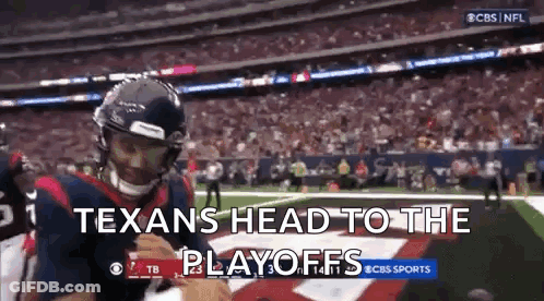 A Football Player Is Running On The Field With The Words `` Texans Head To The Playoffs '' . GIF