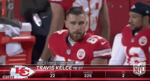 A Football Player Is Sitting In The Stands Watching A Game Between The Kansas City Chiefs And The Broncos GIF