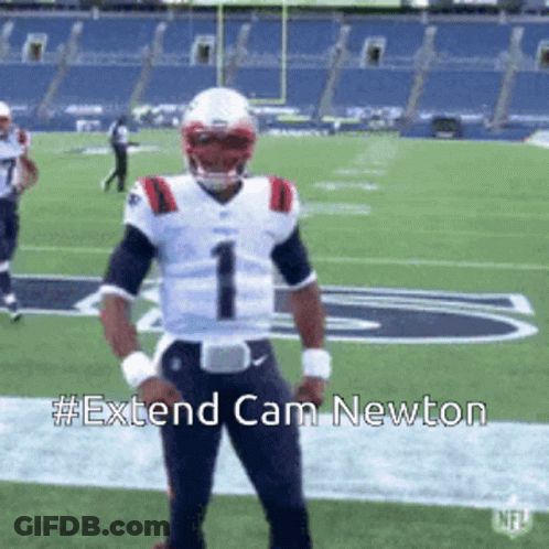 A Football Player Is Standing On A Field With A Caption That Says Extend Cam Newton . GIF