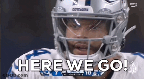 A Football Player Is Wearing A Helmet And Says `` Here We Go '' . GIF