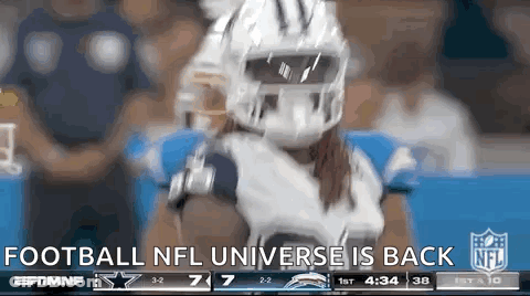 A Football Player Is Wearing A Helmet With The Words Football Nfl Universe Is Back GIF