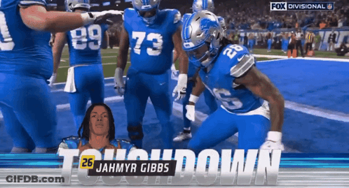 A Football Player Named Jahmyr Gibbs Is Kneeling Down On The Field GIF
