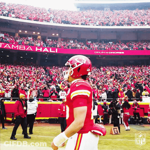 A Football Player Stands On The Field In Front Of A Tampa Hali Sign GIF
