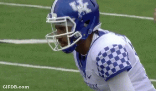 A Football Player Wearing A Blue Helmet And A White And Blue Checkered Jersey Is Standing On A Field . GIF