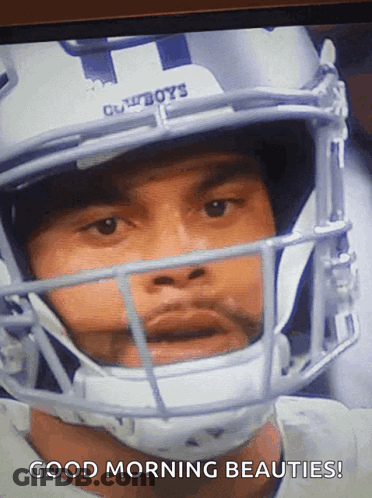 A Football Player Wearing A Cowboys Helmet Says " Good Morning Beauties " GIF