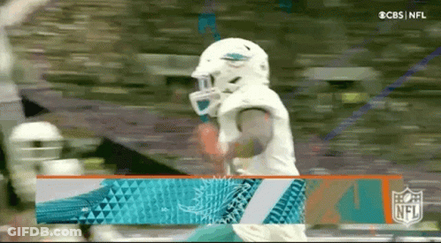 A Football Player Wearing A Helmet And A Dolphins Jersey Is Standing On A Field . GIF