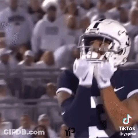 A Football Player Wearing A Helmet And Gloves Is Standing In Front Of A Crowd On A Field . GIF