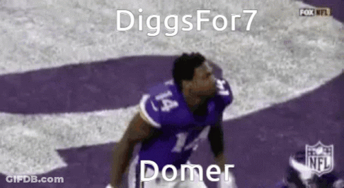 A Football Player Wearing A Purple Jersey With The Number 14 On It Is Jumping In The Air . GIF