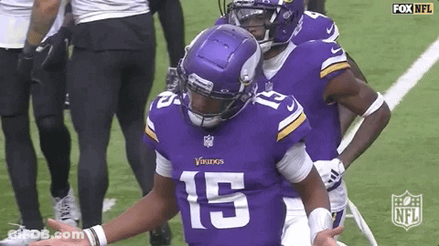 A Football Player Wearing A Purple Jersey With The Number 15 On It Is Standing On A Field . GIF