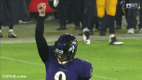 A Football Player Wearing A Ravens Jersey Holds His Fist Up In The Air GIF