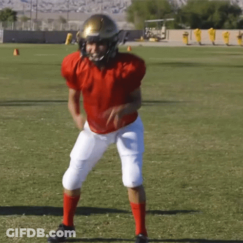 A Football Player Wearing A Red Jersey And White Pants Is Running On A Field GIF