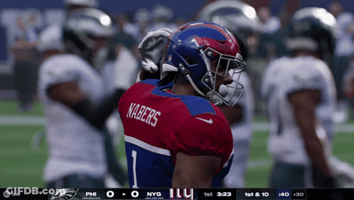 A Football Player Wearing A Red White And Blue Jersey With The Name Kabers On The Back GIF