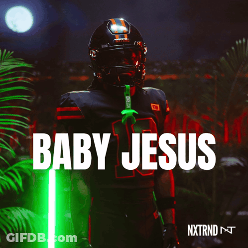 A Football Player With A Green Light Behind Him And The Words Baby Jesus On The Bottom GIF