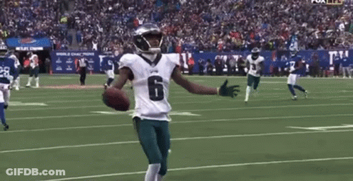 A Football Player With His Arms Outstretched Is Holding A Football On A Field . GIF