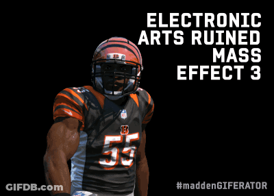 A Football Player With His Finger On His Lips And The Words Electronic Arts Ruined Mass Effect 3 Behind Him GIF