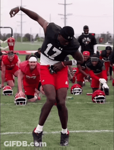 A Football Player With The Number 17 On His Jersey Is Dancing On The Field GIF