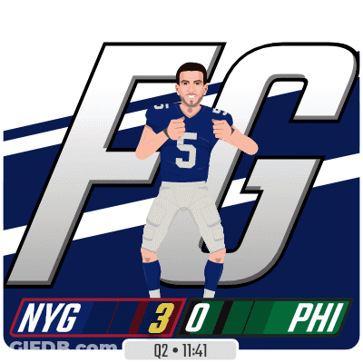 A Football Player With The Number 5 On His Jersey Stands In Front Of A Large Nyg Logo GIF