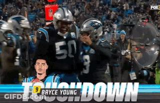 A Football Player With The Number 50 On His Jersey Is Celebrating A Touchdown . GIF