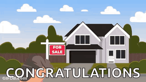 A For Sale Sign In Front Of A House With The Words Congratulations Below It GIF