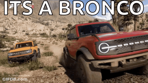 A Ford Bronco Is Driving Down A Dirt Road Next To Another Bronco GIF
