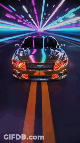 A Ford Mustang Is Driving Down A Road At Night GIF