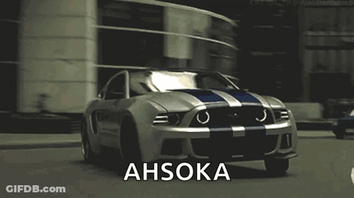 A Ford Mustang With Ahsoka Written On The Front GIF