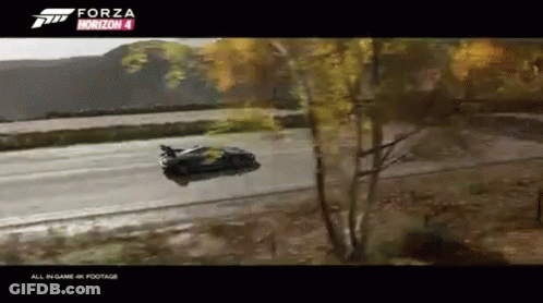 A Forza Horizon 4 Advertisement With A Car Flying Through The Air GIF