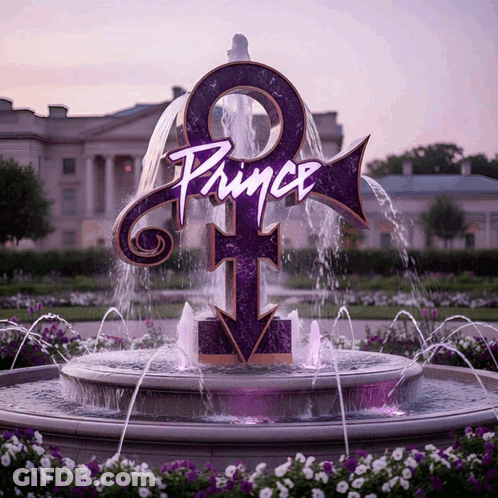 A Fountain With A Purple Prince Logo On It GIF